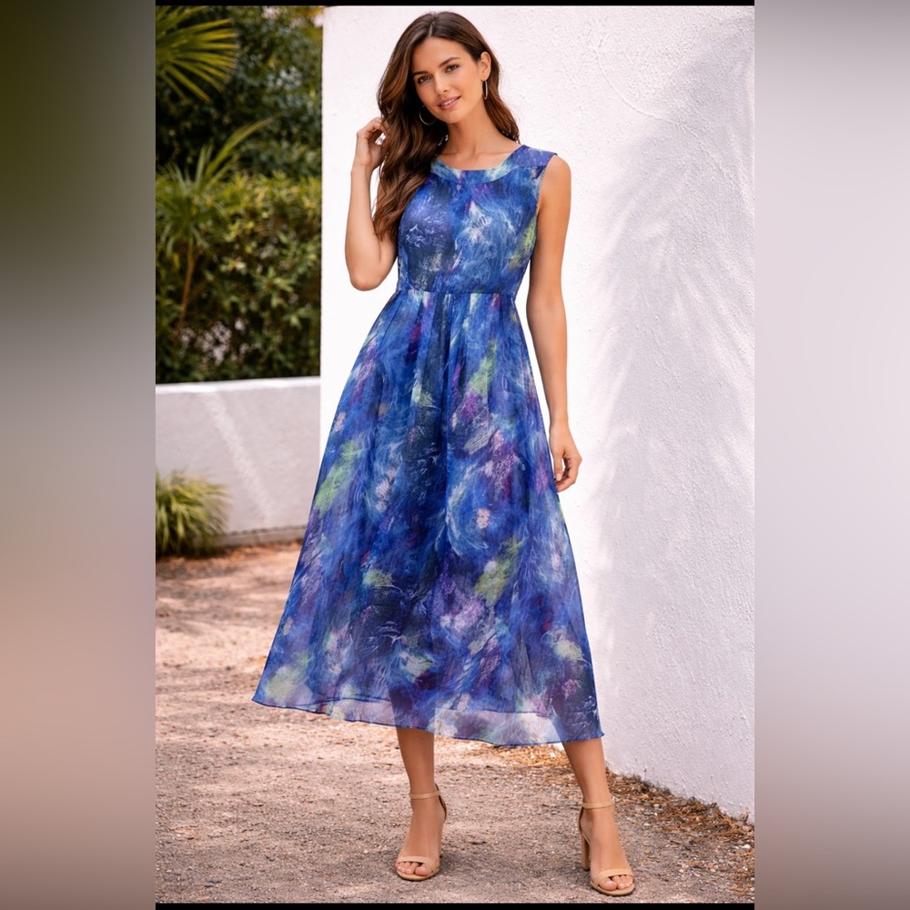 Veinfuns women's A-line sleeveless maxi flare pleated dress blue size M  DC2